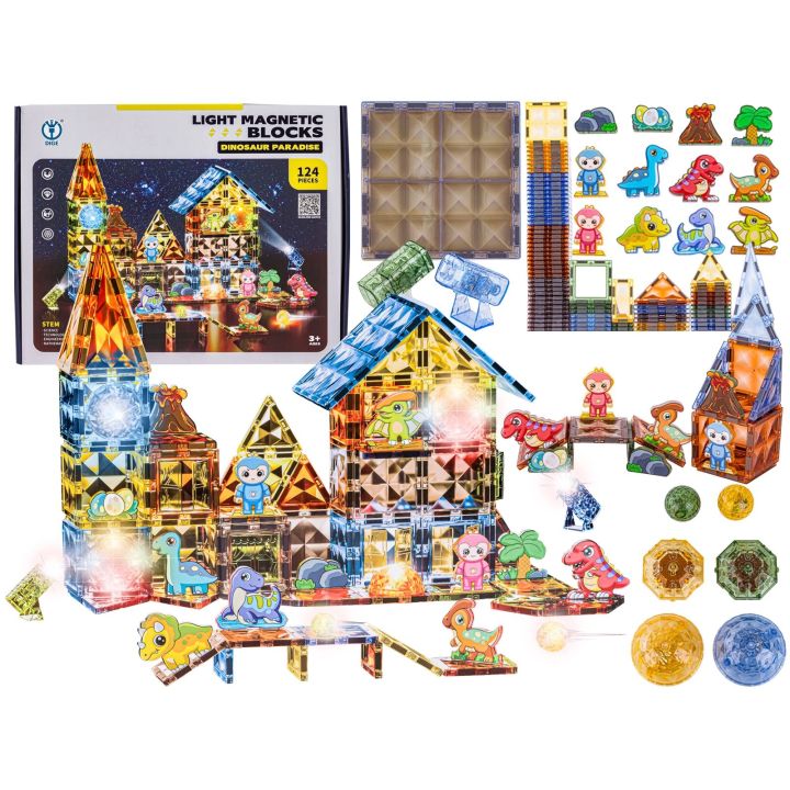 Konstrukcyjne Klocki Magnetyczne Świecące Elementy PARK DINOZAURÓW 124 El.