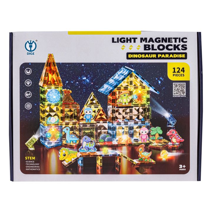 Konstrukcyjne Klocki Magnetyczne Świecące Elementy PARK DINOZAURÓW 124 El.