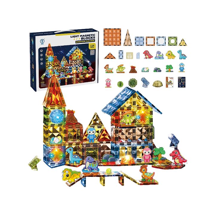 Konstrukcyjne Klocki Magnetyczne Świecące Elementy PARK DINOZAURÓW 124 El.