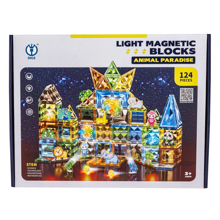 Konstrukcyjne Klocki Magnetyczne Świecące Elementy ZWIERZĘTA 124 El.