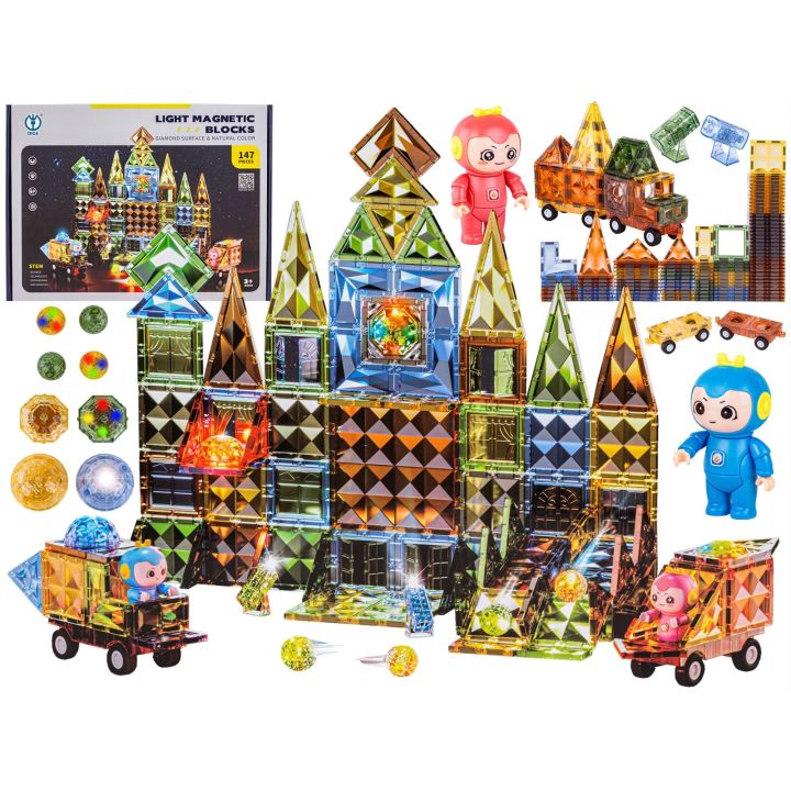 Konstrukcyjne Klocki Magnetyczne Świecące Elementy + Pojazdy 147 El.