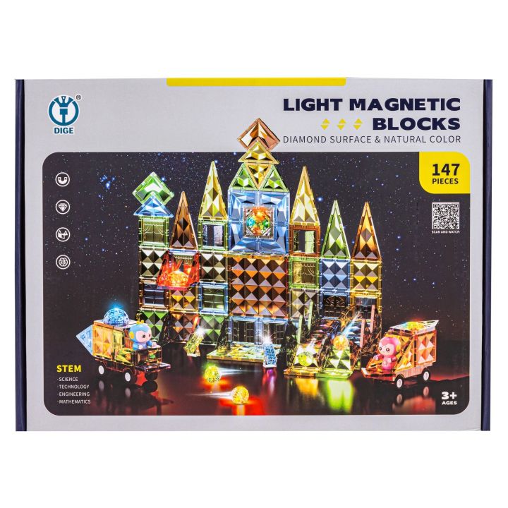 Konstrukcyjne Klocki Magnetyczne Świecące Elementy + Pojazdy 147 El.
