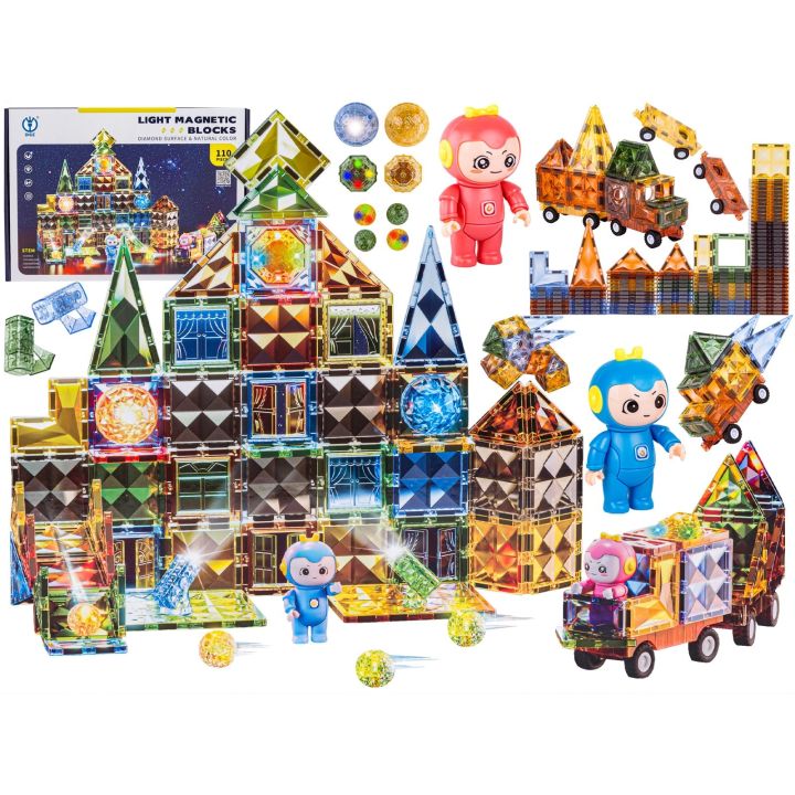 Konstrukcyjne Klocki Magnetyczne Świecące Elementy + Pojazdy 110 El.