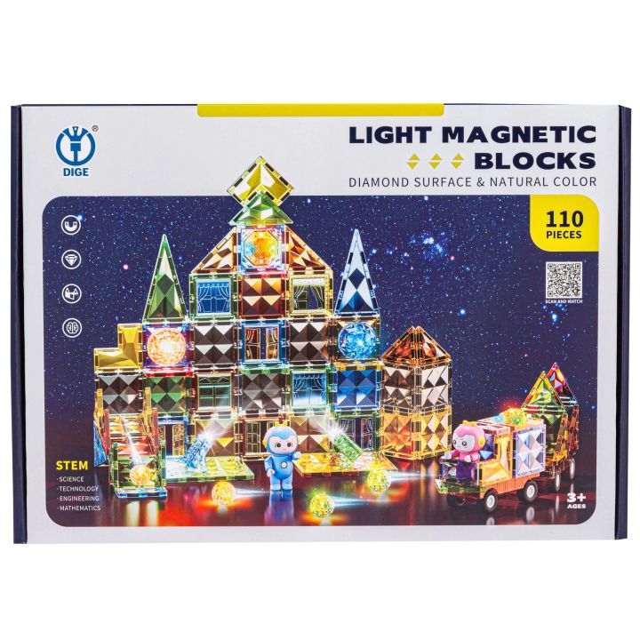 Konstrukcyjne Klocki Magnetyczne Świecące Elementy + Pojazdy 110 El.