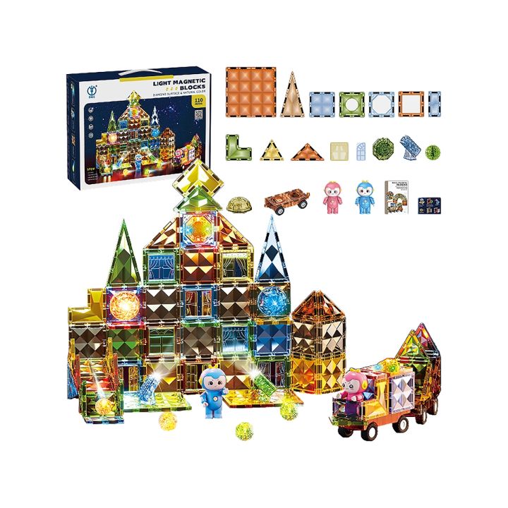 Konstrukcyjne Klocki Magnetyczne Świecące Elementy + Pojazdy 110 El.