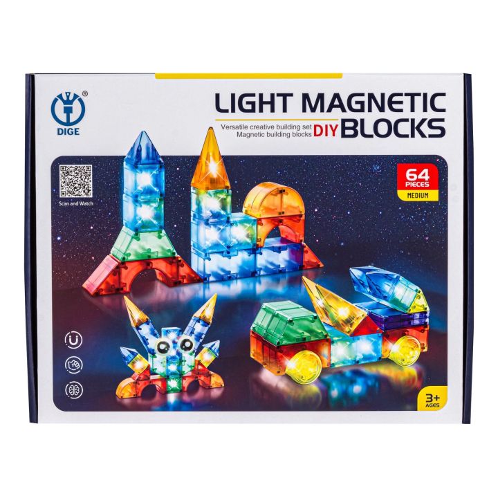 Klocki Magnetyczne, Konstrukcyjne, Świecące Elementy, Figury 3D 64 El.