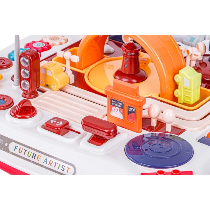 Edukacyjny Interaktywny Stolik Dla Dzieci 2w1 POJAZDY Pianinko Rakieta Akcesoria Czerwony