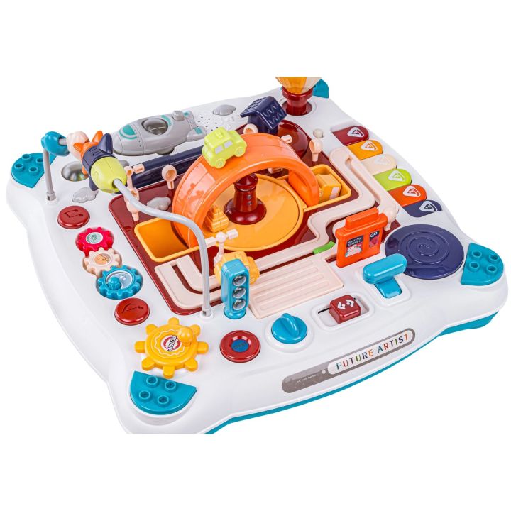 Edukacyjny Interaktywny Stolik Dla Dzieci 2w1 POJAZDY Pianinko Rakieta Akcesoria Niebieski