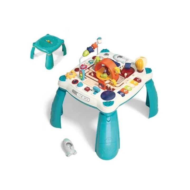 Edukacyjny Interaktywny Stolik Dla Dzieci 2w1 POJAZDY Pianinko Rakieta Akcesoria Niebieski