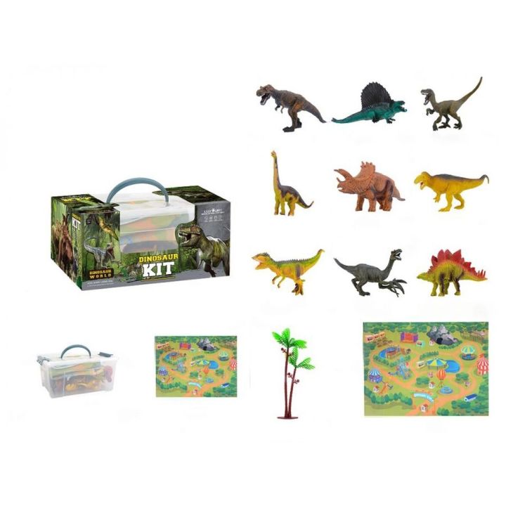 Zestaw Figurek Dinozaurów w kuferku + mata, Dinozaury 9 sztuk