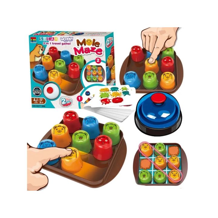 Edukacyjna Gra Logiczna "MOLE MAZE" 2w1 SZYBKIE KUBECZKI, Kółko Krzyżyk, Karty