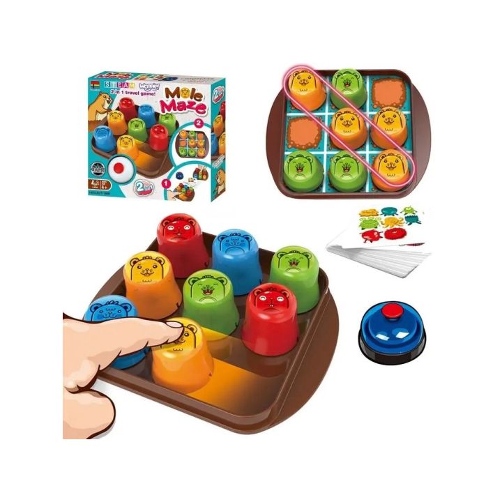 Edukacyjna Gra Logiczna "MOLE MAZE" 2w1 SZYBKIE KUBECZKI, Kółko Krzyżyk, Karty