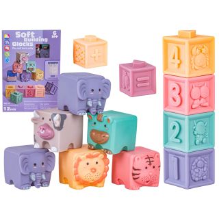 Miękkie Klocki Sensoryczne Zwierzęta, Figury geometryczne, Cyfry 12 sztuk, Edukacyjny zestaw klocków dla malucha