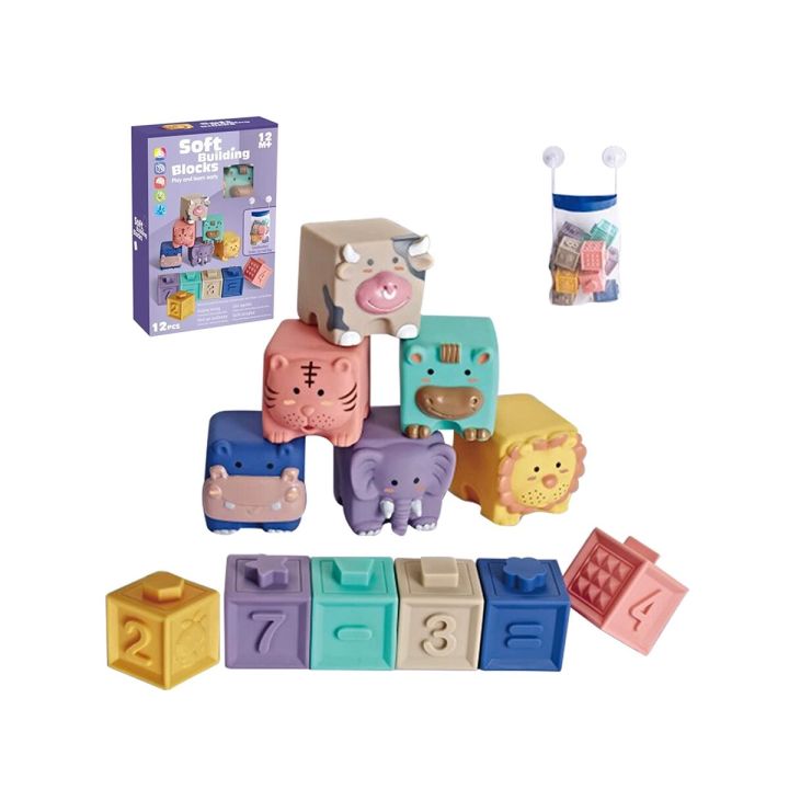 Miękkie Klocki Sensoryczne Zwierzęta, Figury geometryczne, Cyfry 12 sztuk, Edukacyjny zestaw klocków dla malucha