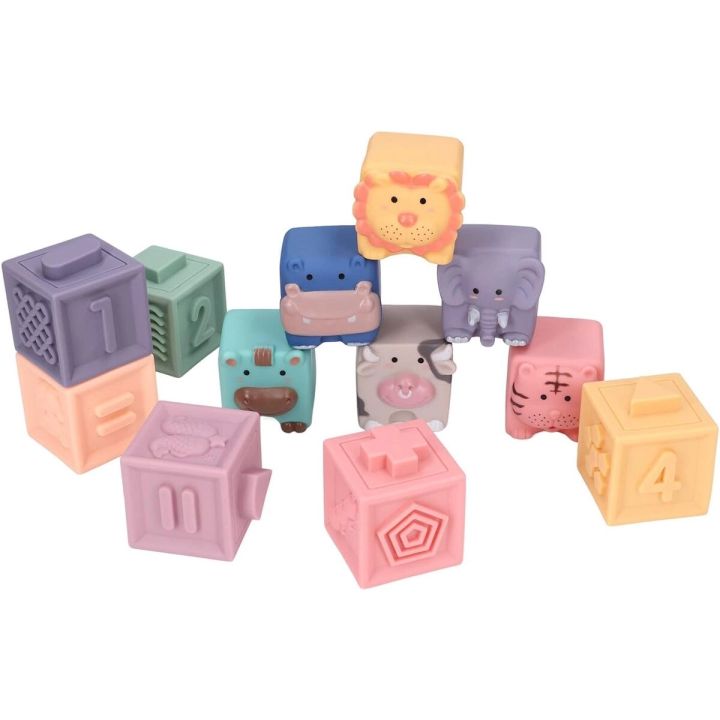 Miękkie Klocki Sensoryczne Zwierzęta, Figury geometryczne, Cyfry 12 sztuk, Edukacyjny zestaw klocków dla malucha