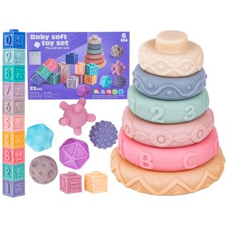 Klocki Sensoryczne dla malucha, Miękkie Klocki, Cyferki, Figury geometryczne, Kształty, Wieża 23 sztuki