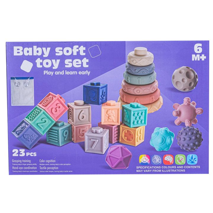 Klocki Sensoryczne dla malucha, Miękkie Klocki, Cyferki, Figury geometryczne, Kształty, Wieża 23 sztuki