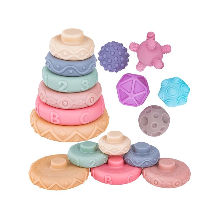 Klocki Sensoryczne dla malucha, Miękkie Klocki, Cyferki, Figury geometryczne, Kształty, Wieża 23 sztuki
