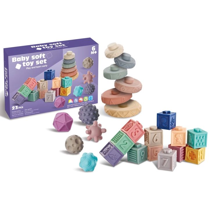 Klocki Sensoryczne dla malucha, Miękkie Klocki, Cyferki, Figury geometryczne, Kształty, Wieża 23 sztuki