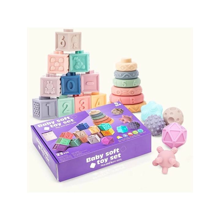 Klocki Sensoryczne dla malucha, Miękkie Klocki, Cyferki, Figury geometryczne, Kształty, Wieża 23 sztuki