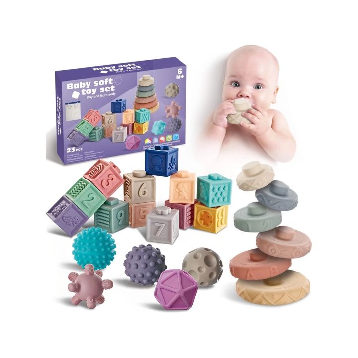Klocki Sensoryczne dla malucha, Miękkie Klocki, Cyferki, Figury geometryczne, Kształty, Wieża 23 sztuki