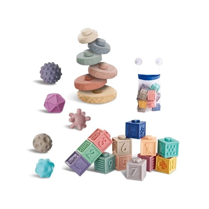 Klocki Sensoryczne dla malucha, Miękkie Klocki, Cyferki, Figury geometryczne, Kształty, Wieża 23 sztuki