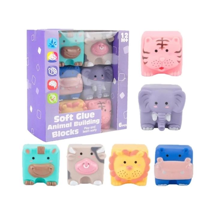 Edukacyjny zestaw klocków dla malucha, Miękkie, Duże Klocki Sensoryczne Zwierzęta 6 sztuk