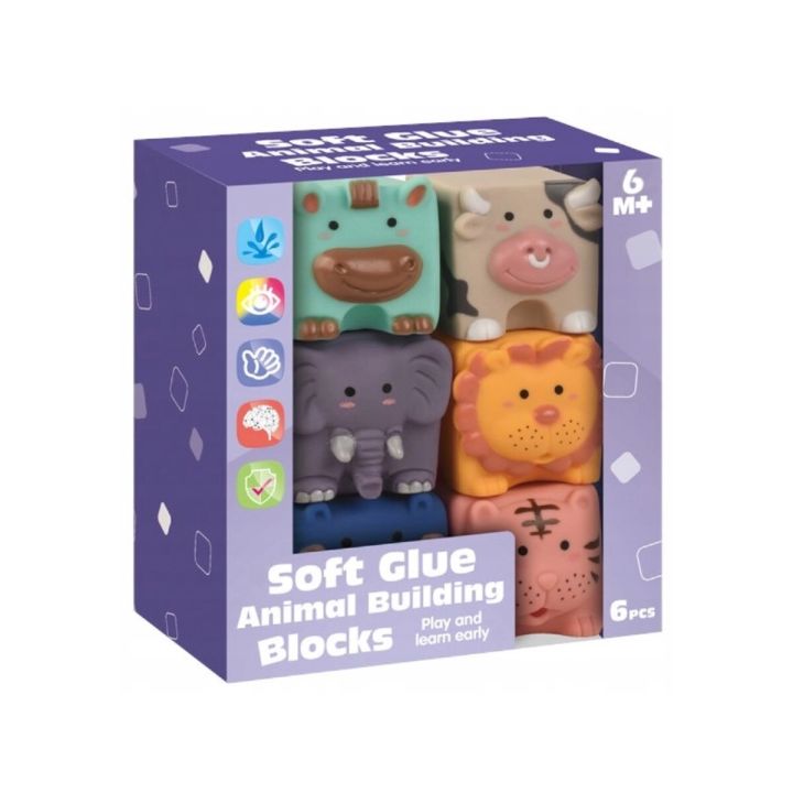 Edukacyjny zestaw klocków dla malucha, Miękkie, Duże Klocki Sensoryczne Zwierzęta 6 sztuk