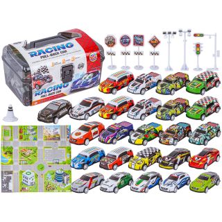 Auta Resoraki 25 Szt. Samochody w kuferku + Podkładka + Akcesoria, Zestaw samochodów wyścigowych