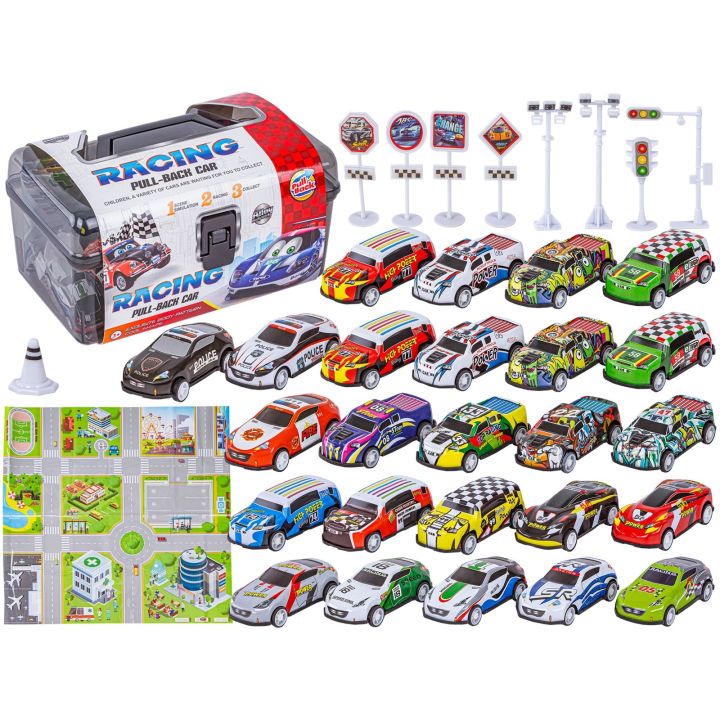 Auta Resoraki 25 Szt. Samochody w kuferku + Podkładka + Akcesoria, Zestaw samochodów wyścigowych