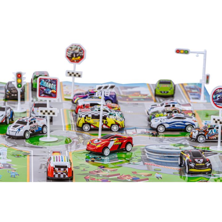 Auta Resoraki 25 Szt. Samochody w kuferku + Podkładka + Akcesoria, Zestaw samochodów wyścigowych