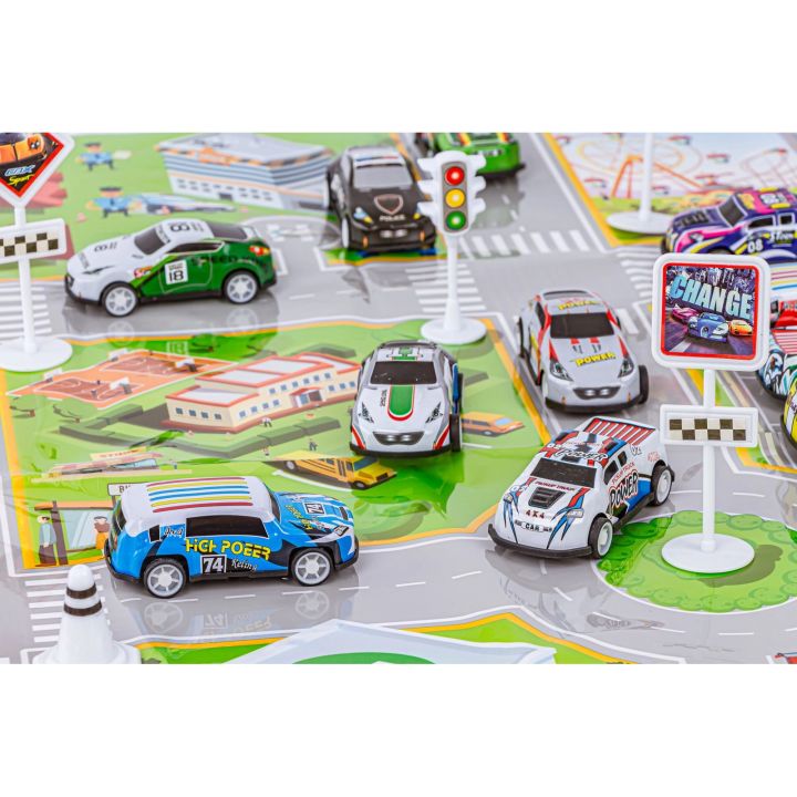 Auta Resoraki 25 Szt. Samochody w kuferku + Podkładka + Akcesoria, Zestaw samochodów wyścigowych