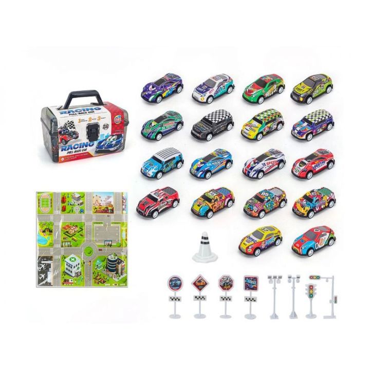 Auta Resoraki 25 Szt. Samochody w kuferku + Podkładka + Akcesoria, Zestaw samochodów wyścigowych