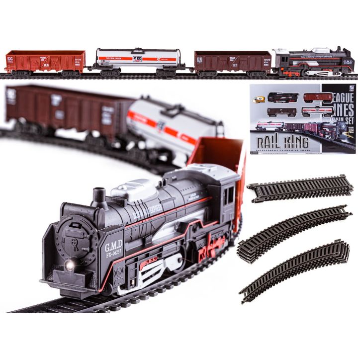 Elektryczna Kolejka Rail King – tory 286 cm, parowóz z wagonami z węglem, towarowym i cysterną (skala 1:136)