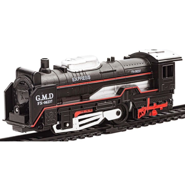 Elektryczna Kolejka Rail King – tory 286 cm i dworzec, parowóz z wagonami z węglem, z bębnami kablowymi i z pniami (skala 1:136)