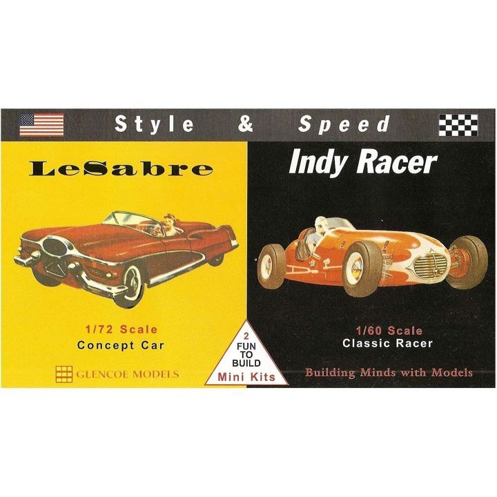 Le Sabre „Concept Car” i Indy Racer – Zestaw Style & Speed | 2 modele plastikowe do sklejania Glencoe Models (skala 1:72 i 60)