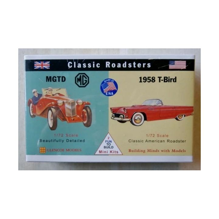 MG-TD i T-Bird 1958 – Zestaw Classic Roadsters | 2 modele plastikowe do sklejania Glencoe Models (skala 1:72)