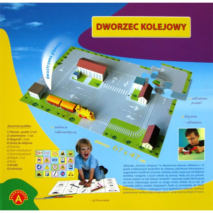 Gra w „Dworzec Kolejowy” na planszy 3D – Mapa z puzzli z budynkami i pociągiem | Twórcza zabawa w podróże