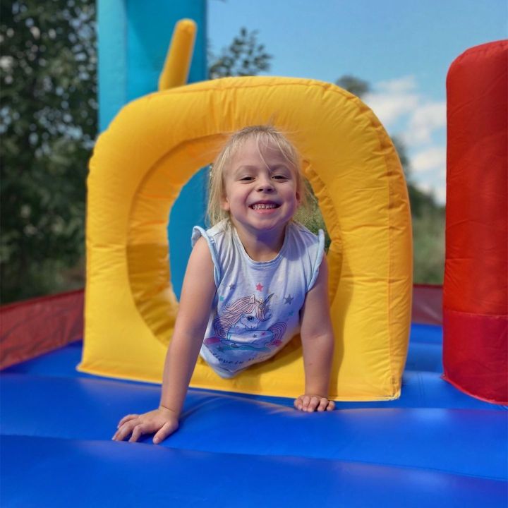 HappyHop, Dmuchany Zamek Ogrodowy 13w1 (Dmuchaniec) – Trampolina, zjeżdżalnia i wspinaczka | Różnorodny plac zabaw dla dzieci