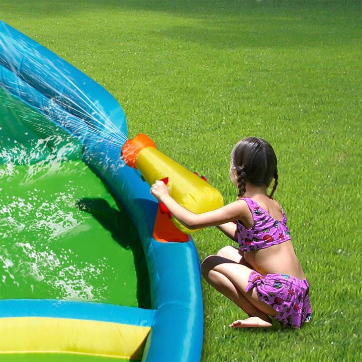 Słoneczna Oaza, Wodny Dmuchaniec 7w1 (Zamek Dmuchany) – Trampolina, zjeżdżalnie i brodzik | Letni park rozrywki w ogrodzie