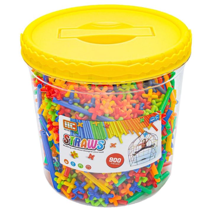 Słomki Konstrukcyjne 900 Elementów – Kolorowe patyczki i łączniki we wiaderku | Wyobraźnia w rękach małego budowniczego