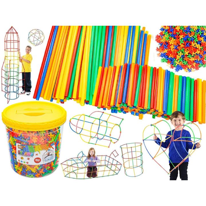 Słomki Konstrukcyjne 900 Elementów – Kolorowe patyczki i łączniki we wiaderku | Wyobraźnia w rękach małego budowniczego