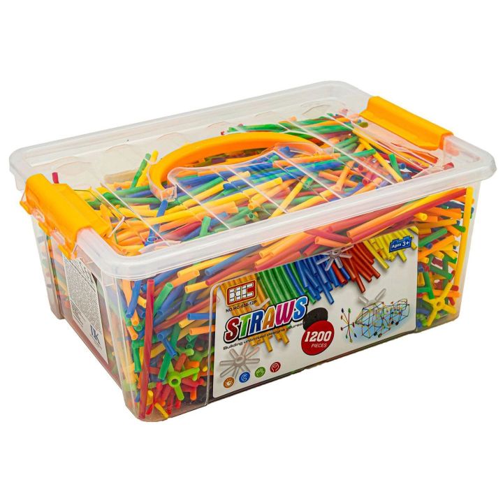 Słomki Konstrukcyjne 1200 Elementów – Patyczki z łącznikami i kółkami w skrzynce | Przestrzenne budowle dla małych twórców