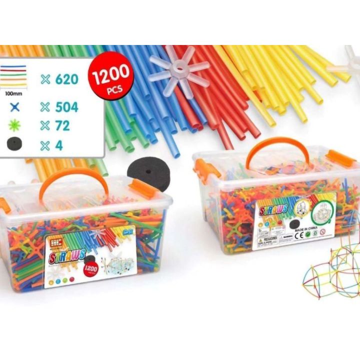 Słomki Konstrukcyjne 1200 Elementów – Patyczki z łącznikami i kółkami w skrzynce | Przestrzenne budowle dla małych twórców