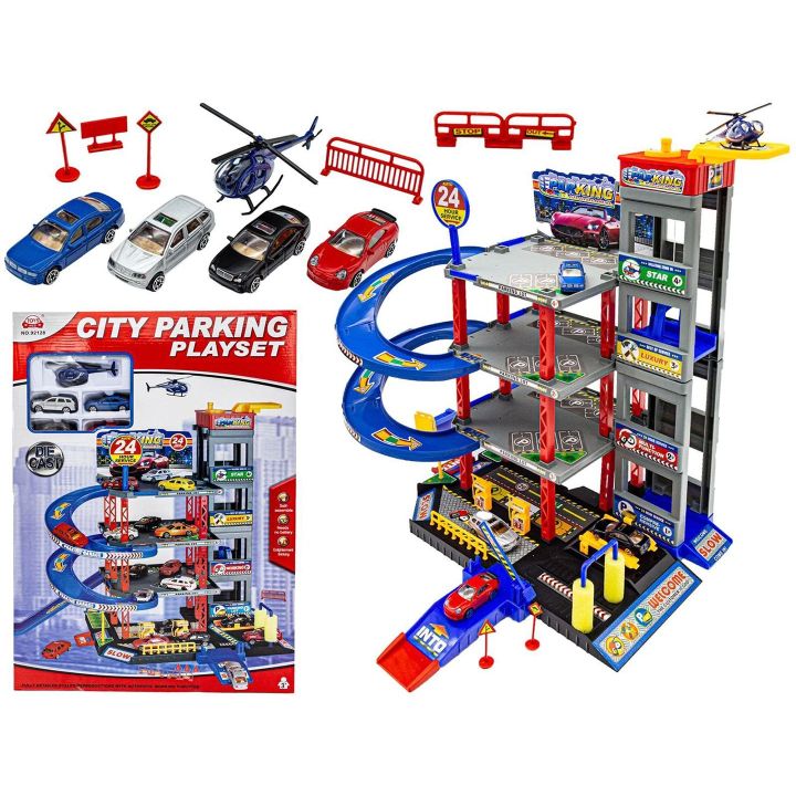 Parking Wielopoziomowy z Windą, Myjnią, Warsztatem i Stacją Benzynową – 4 Poziomy z akcesoriami | Mechaniczny garaż samochodowy