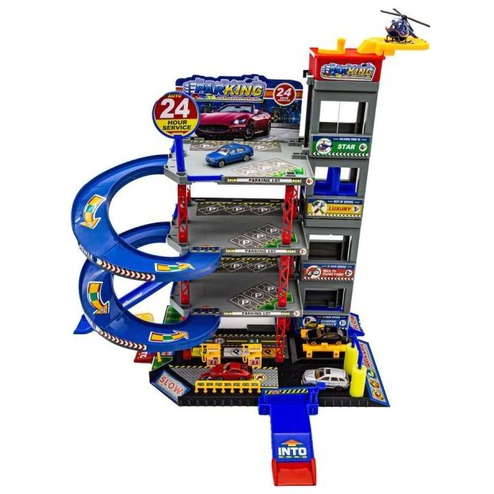 Parking Wielopoziomowy z Windą, Myjnią, Warsztatem i Stacją Benzynową – 4 Poziomy z akcesoriami | Mechaniczny garaż samochodowy