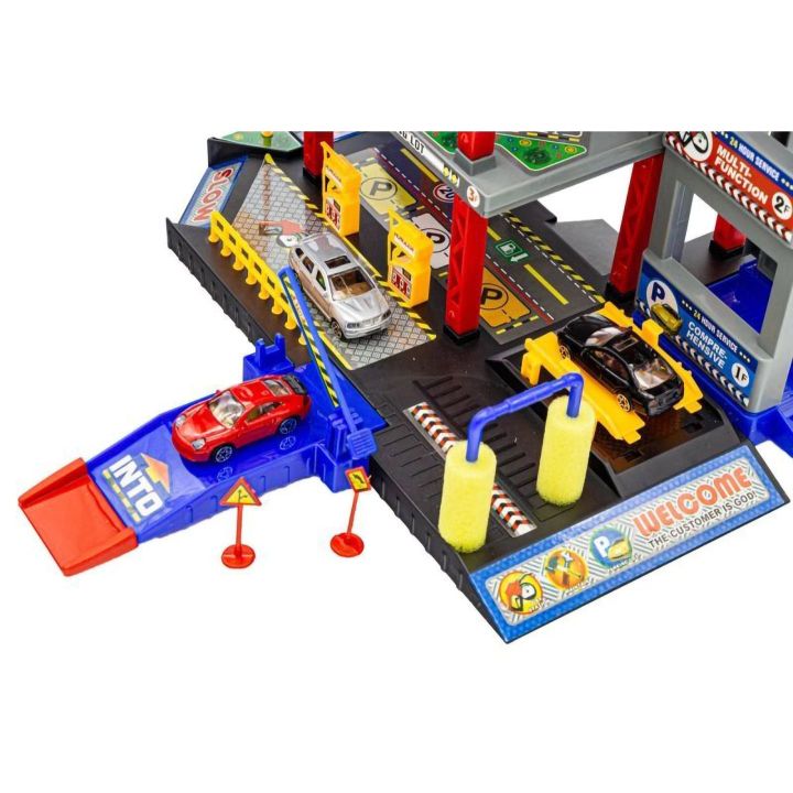 Parking Wielopoziomowy z Windą, Myjnią, Warsztatem i Stacją Benzynową – 4 Poziomy z akcesoriami | Mechaniczny garaż samochodowy