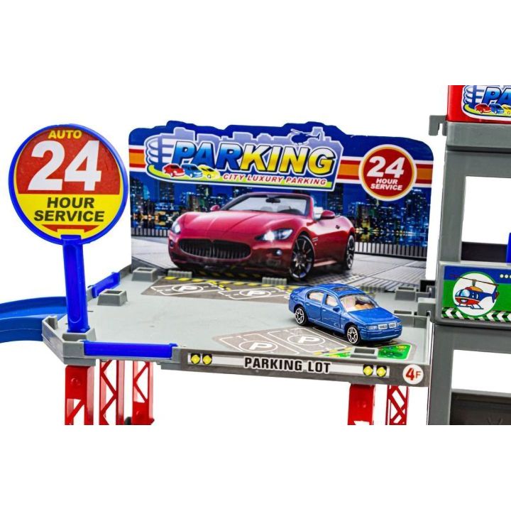 Parking Wielopoziomowy z Windą, Myjnią, Warsztatem i Stacją Benzynową – 4 Poziomy z akcesoriami | Mechaniczny garaż samochodowy