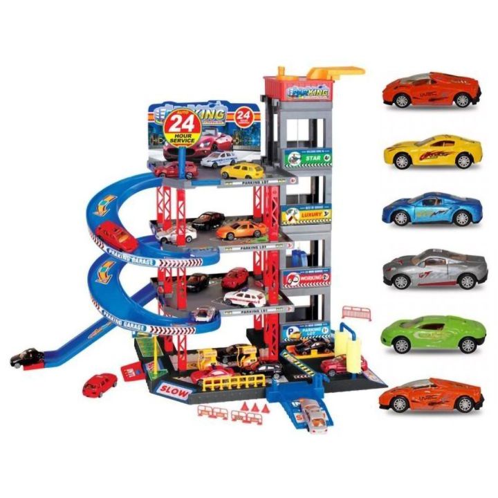 Parking Wielopoziomowy z Windą, Myjnią, Warsztatem i Stacją Benzynową – 4 Poziomy z akcesoriami | Mechaniczny garaż samochodowy