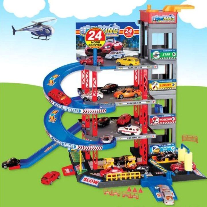 Parking Wielopoziomowy z Windą, Myjnią, Warsztatem i Stacją Benzynową – 4 Poziomy z akcesoriami | Mechaniczny garaż samochodowy